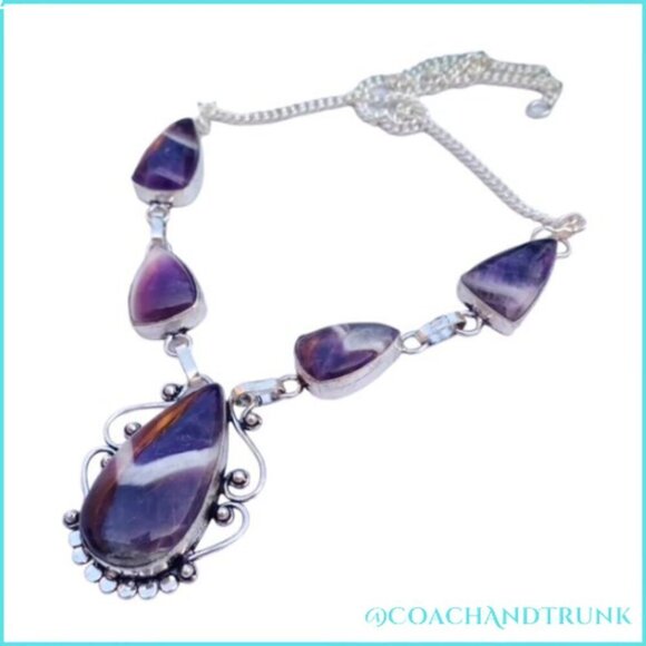 Artisan Jewelry - 5 Natural Chevron Amethyst Handcrafted Scrollwork Silver Adjustable Length NEW
